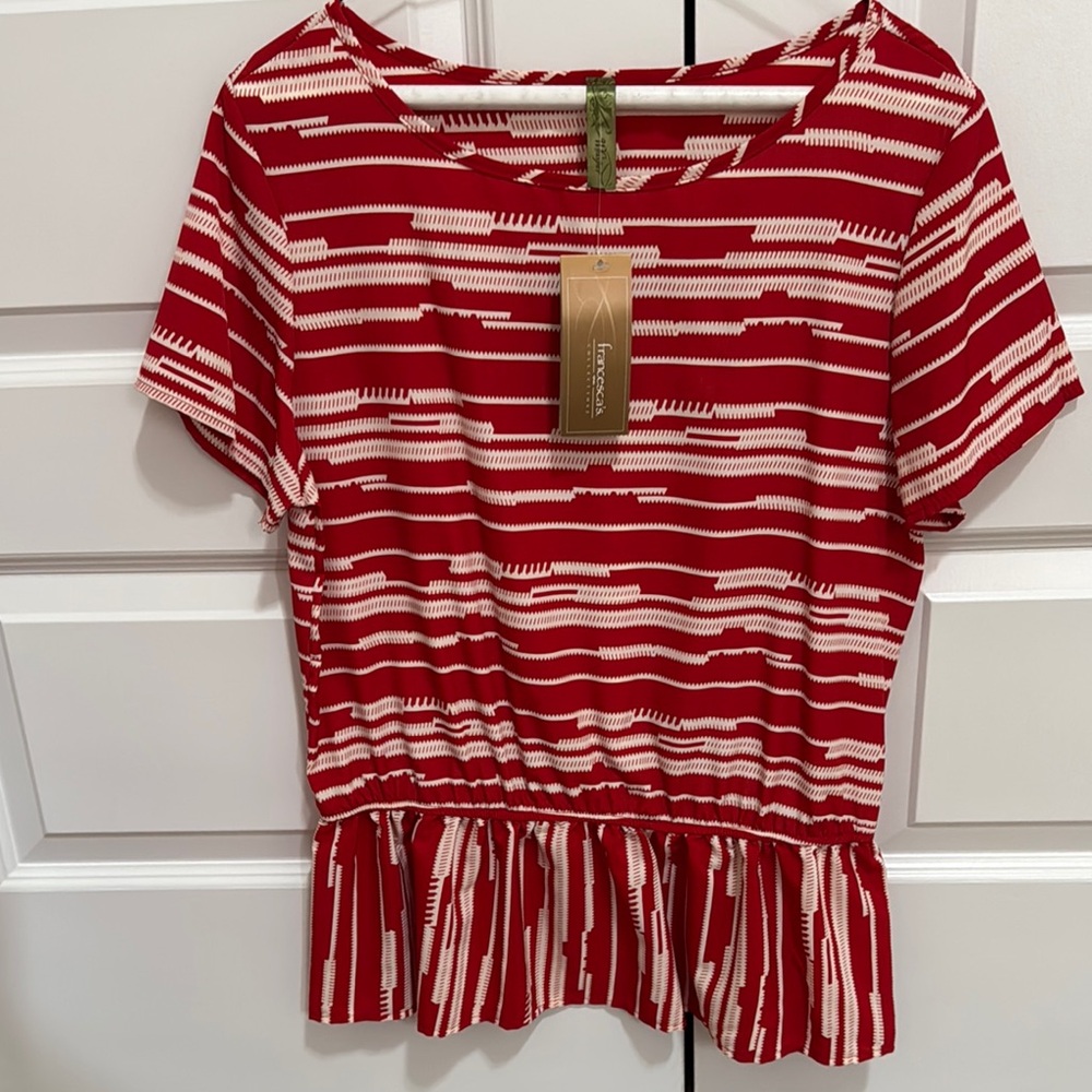 Francesca's Collections Red and White Fitted Peplum Blouse